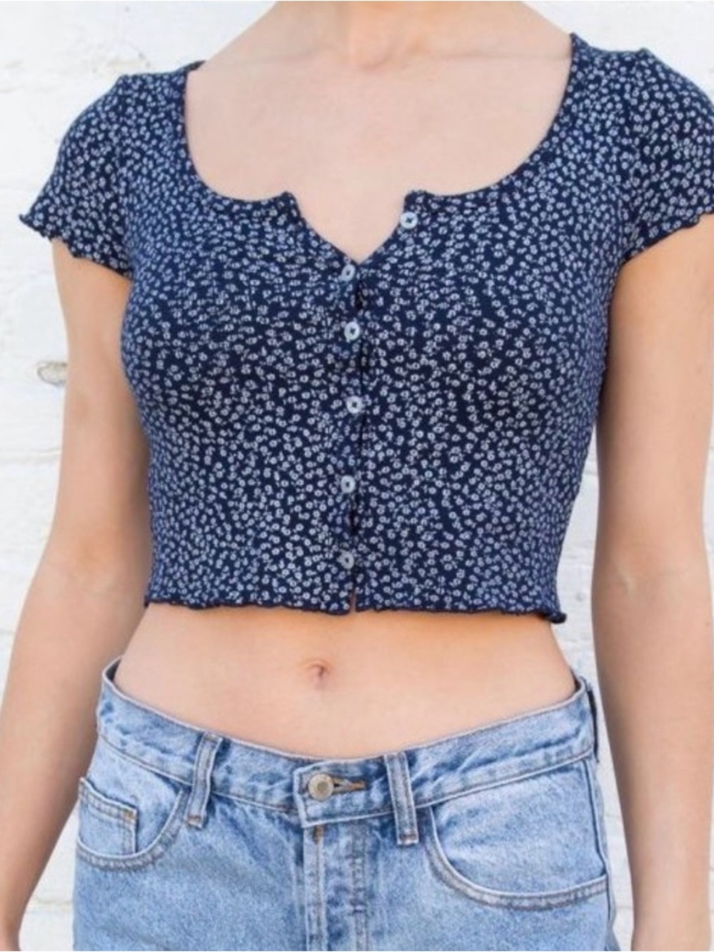 Brandy Melville Zelly Ruffle top blue floral button down baby T